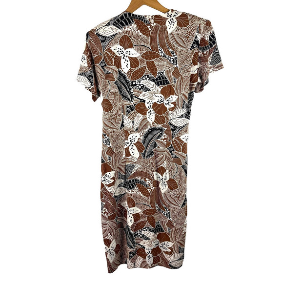 Vintage 70s Toni Todd Brown Black Floral Safari Faux Wrap Knee Dress Women's 10 - Picture 2 of 12